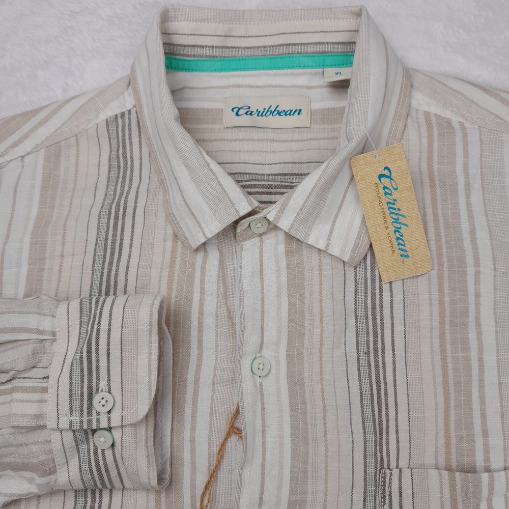 Caribbean Shirt Mens XL Tan w/Stripes Cotton/Linen Blend Long Sleeves NWT!